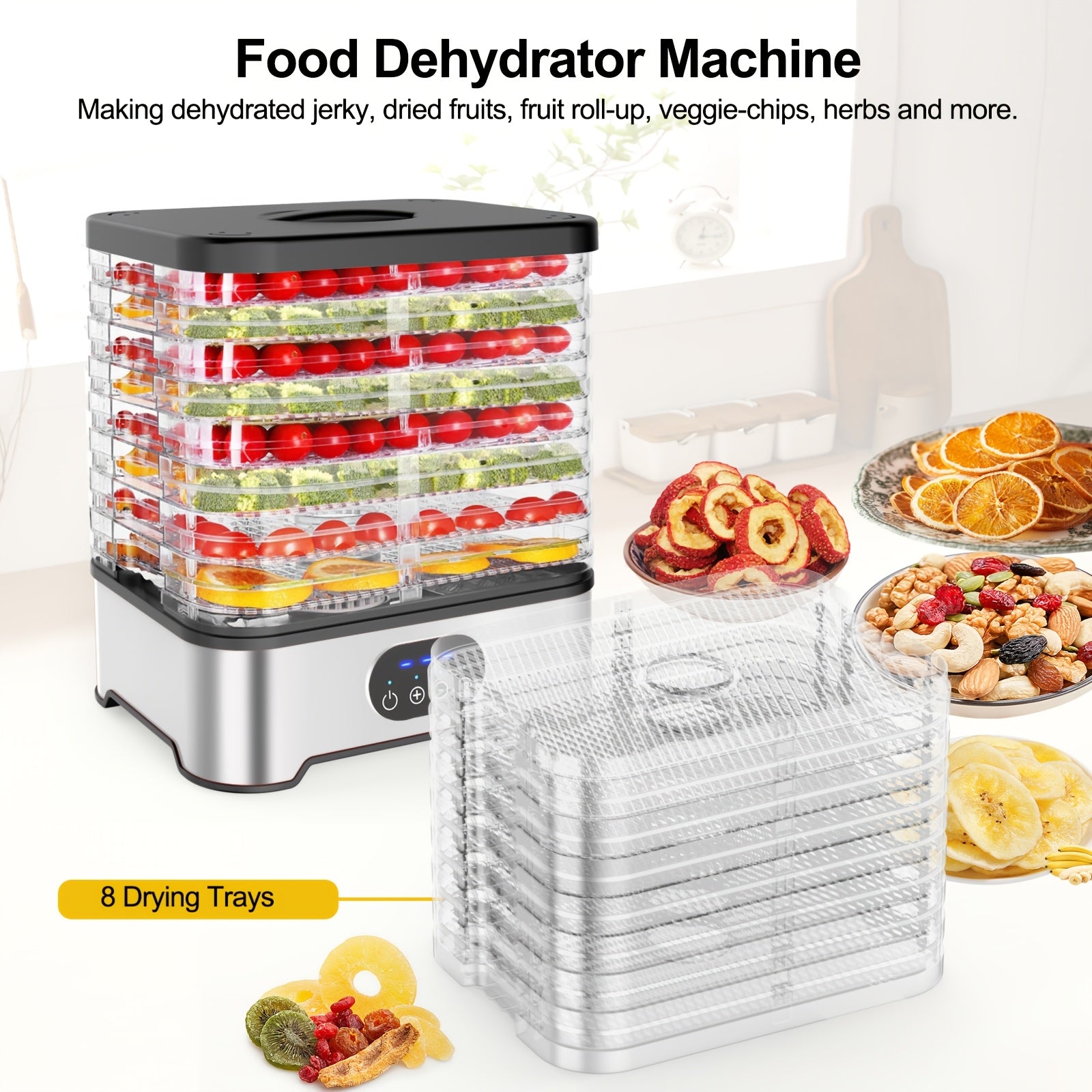 Automatic Food Dehydrator with LED Display 8 Trays Digital Timer Temperature Control Stainless Steel