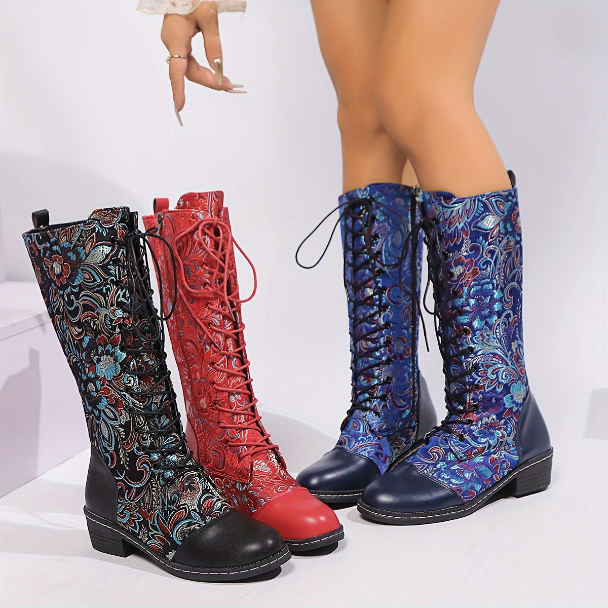 Женские ботинки с цветочным кружевом и шнуровкой до середины икры, красный и синий пейсли, стильные и удобные
