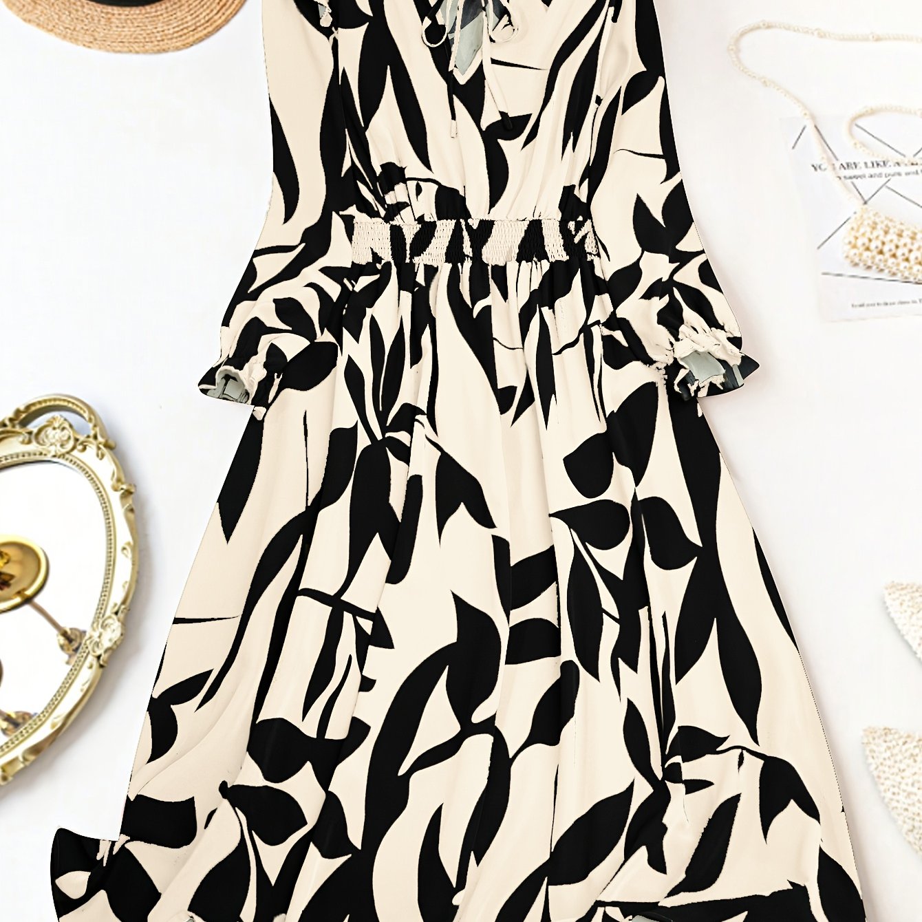 Plus Size V-Neck Dress with Puff Sleeves Pleated Fit and Flare All-Season