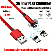 60W USB Type-C Micro zaryadlash kabeli, magnitli aylanuvchi ulanish, naylon braid, ma'lumotlarni uzatish