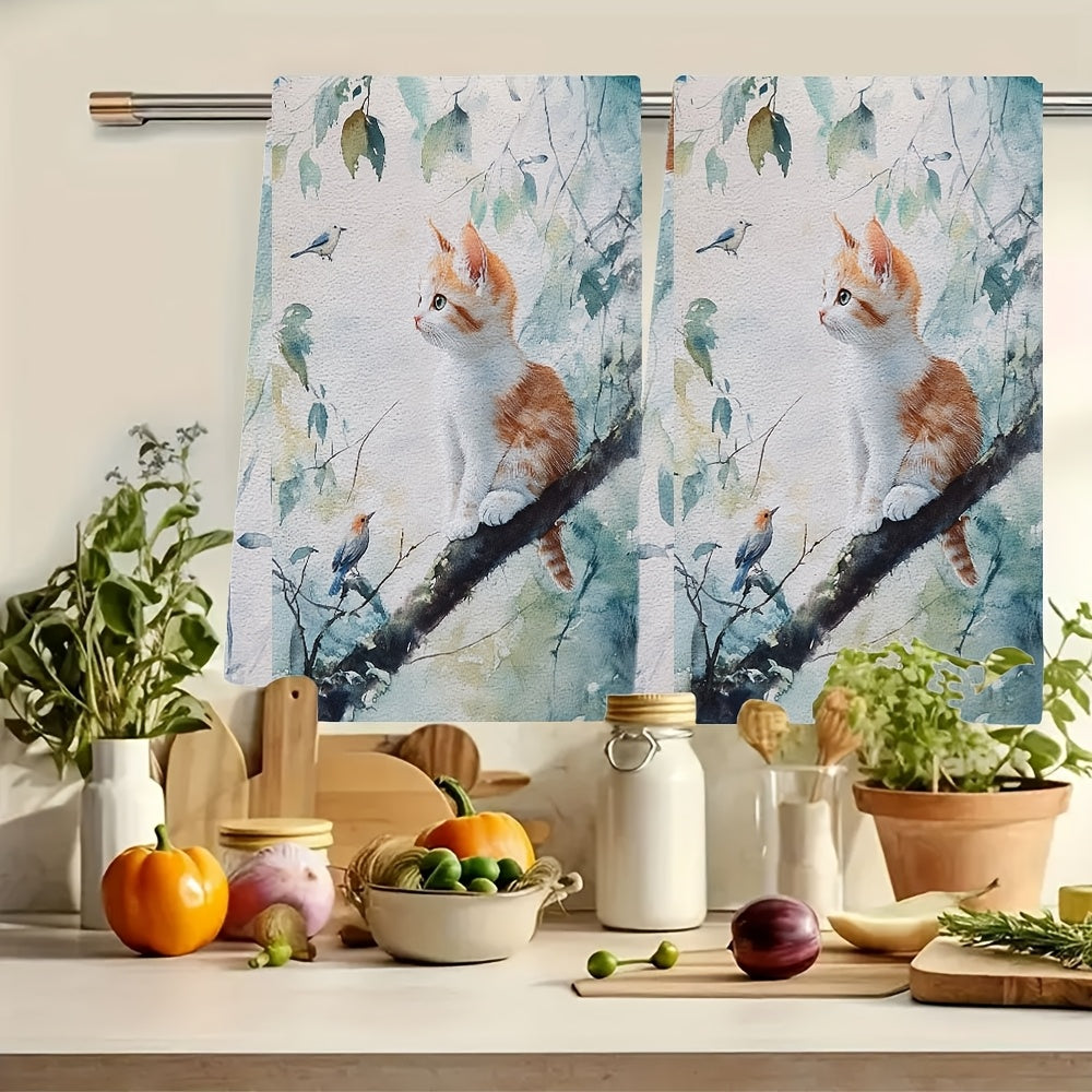 Набор из 2 ультра мягких кухонных полотенец с дизайном котенка и птиц, 40x60 см