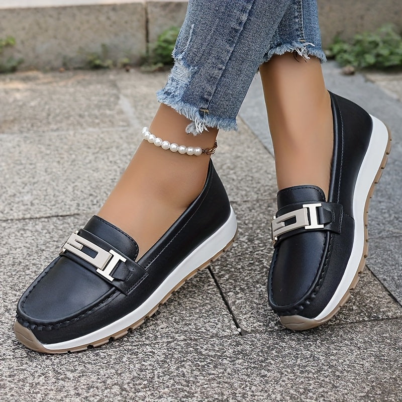Women's Slip-On Flat Shoes Faux Cover Metallic Buckle Lightweight TPR Sole
