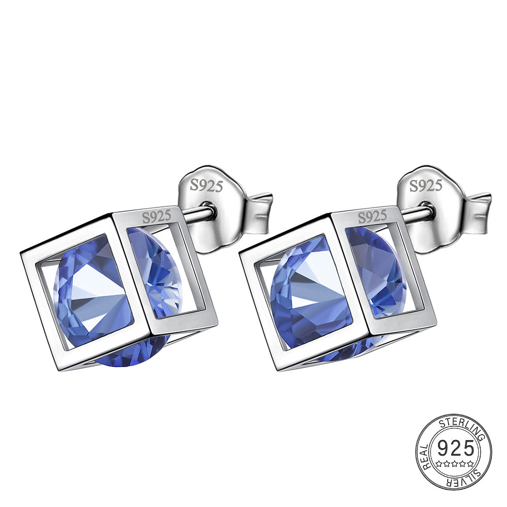 Small 3D Cube Birthstone Stud Earrings for Women Sterling Silver Minimalist Birthday Gift