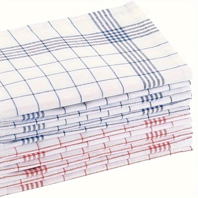 Set of 6/12 Kitchen Dishcloths in Blue and Red Checkered Cotton for Kitchen Use