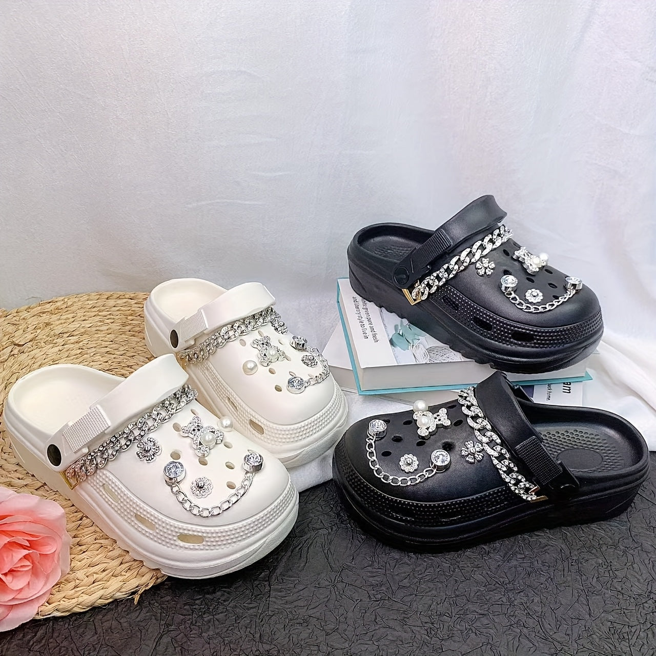 Women's EVA Hole Shoes Versatile Sandals with Rhinestone Chains and Sunflowers