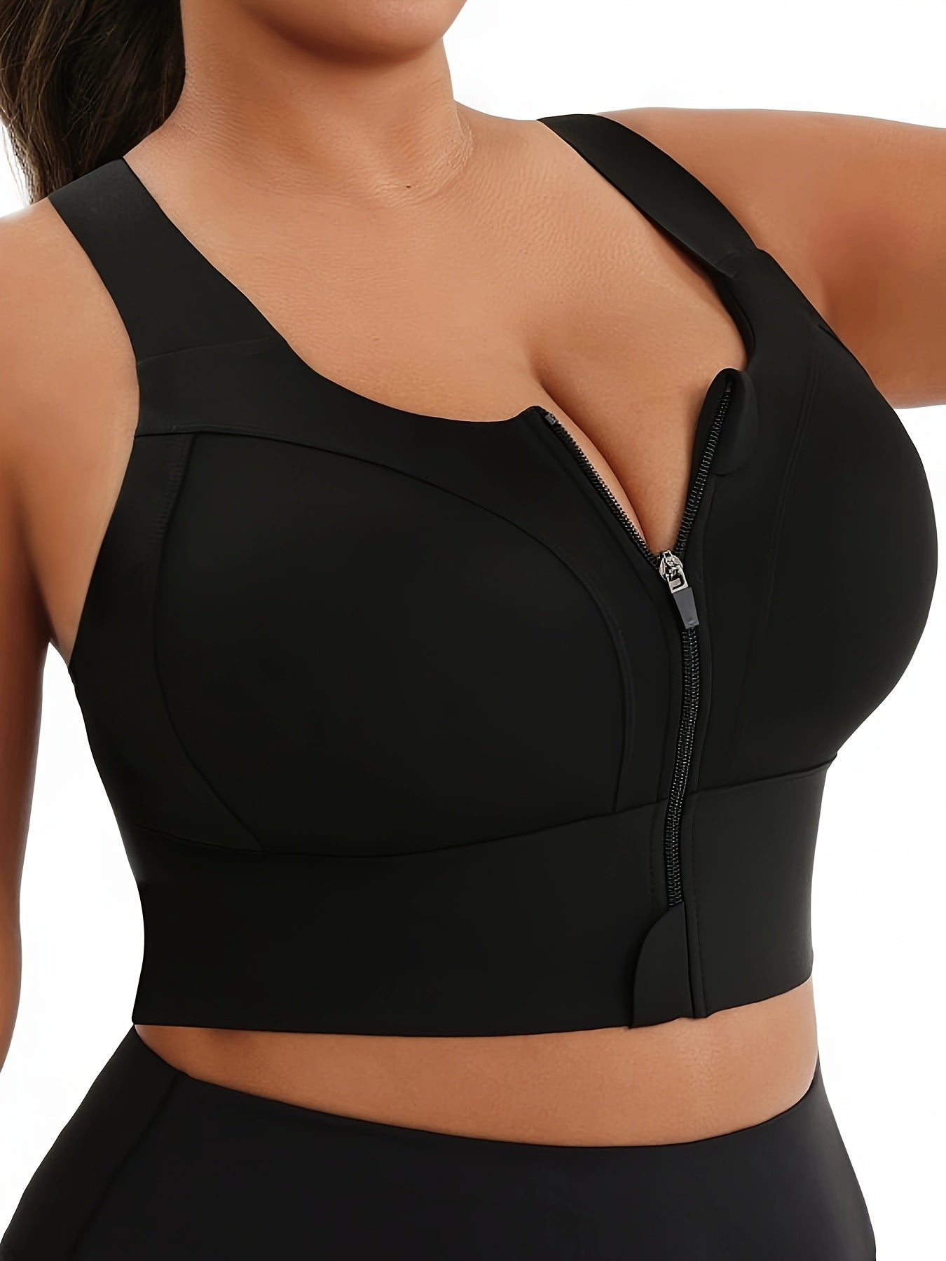 Plus-Size Women’s High-Impact Sports Bra with Zipper and Cross Back Black