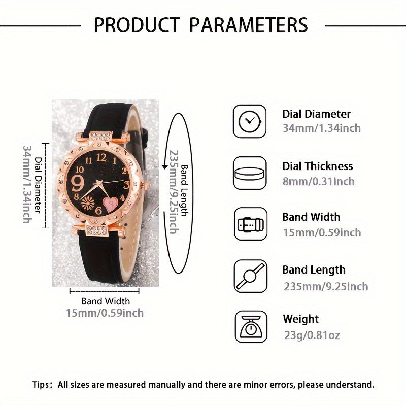 Шесть штук кварцевых часов с ремешками из PU-кожи, стрелками из цинкового сплава, украшения для Дня святого Валентина, Пасхи, Рамадана, дней рождения, Дня матери