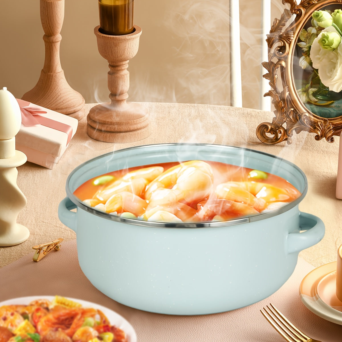 Enamel Cookware Set 3 Pieces with Lids Lightweight Portable for Cooking and Stewing