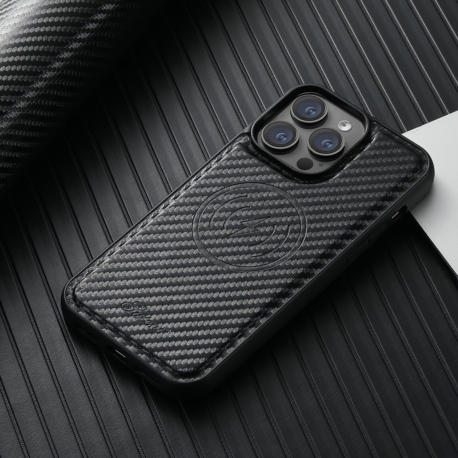 Черная искусственная кожа из углеродного волокна 2-в-1 съемный чехол для iPhone с магнитным держателем для карт и беспроводной зарядкой