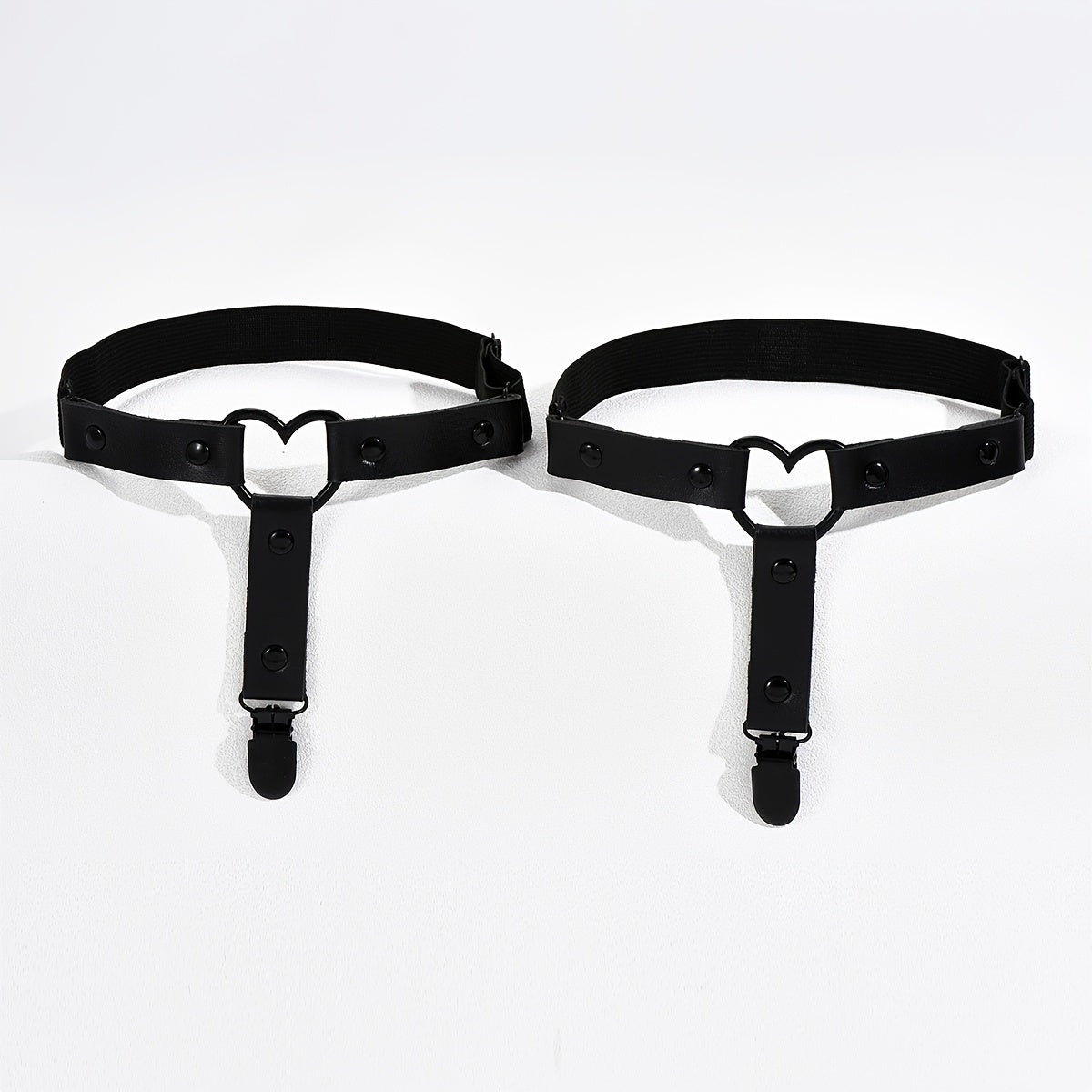 Black Gothic Thigh Garter with Anti-Slip Clips and Adjustable Heart Detail for Ladies