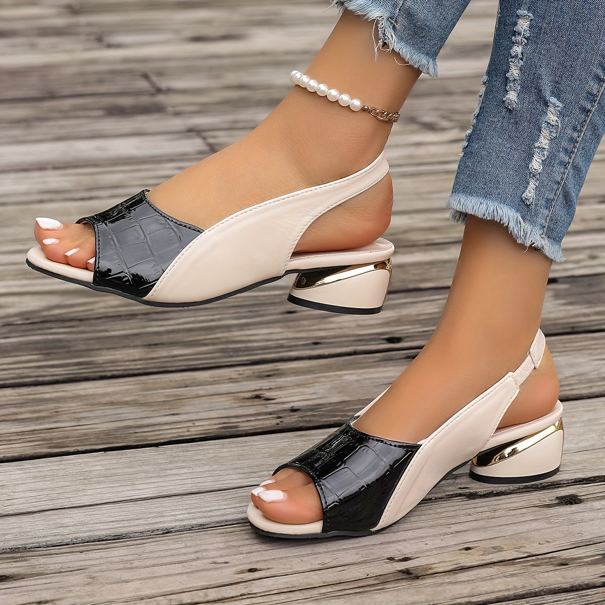 Open Toe Chunky Heel Sandals with Ankle Strap and Slingback Stripes for Summer