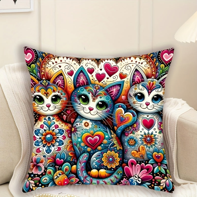 Bohemian Style Cat and Floral Print Pillowcase 44.96cm x 44.96cm with Zip Closure