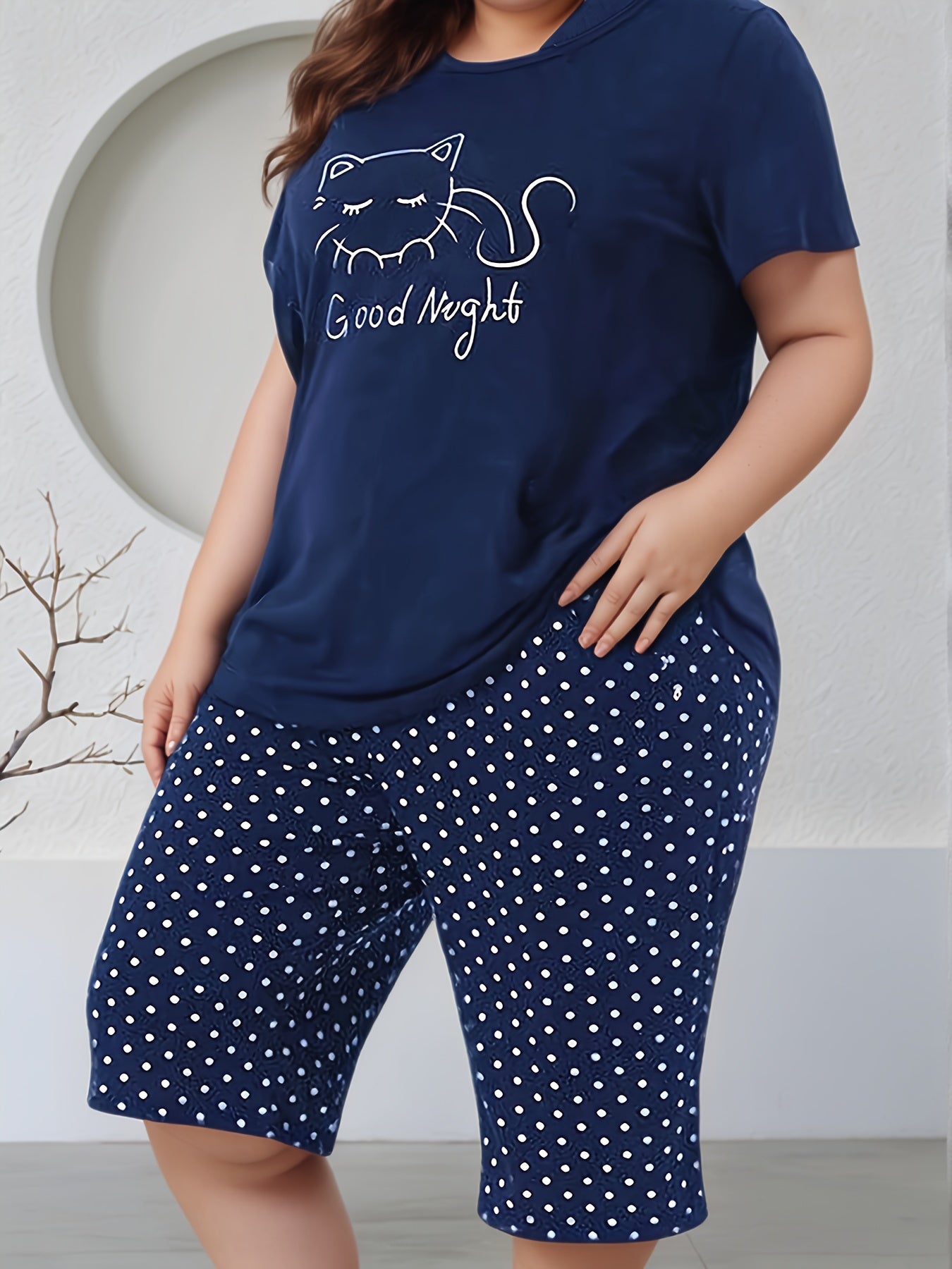 Женский летний пижамный комплект больших размеров с котами, топ с коротким рукавом и шорты, синий и белый, полиэстер