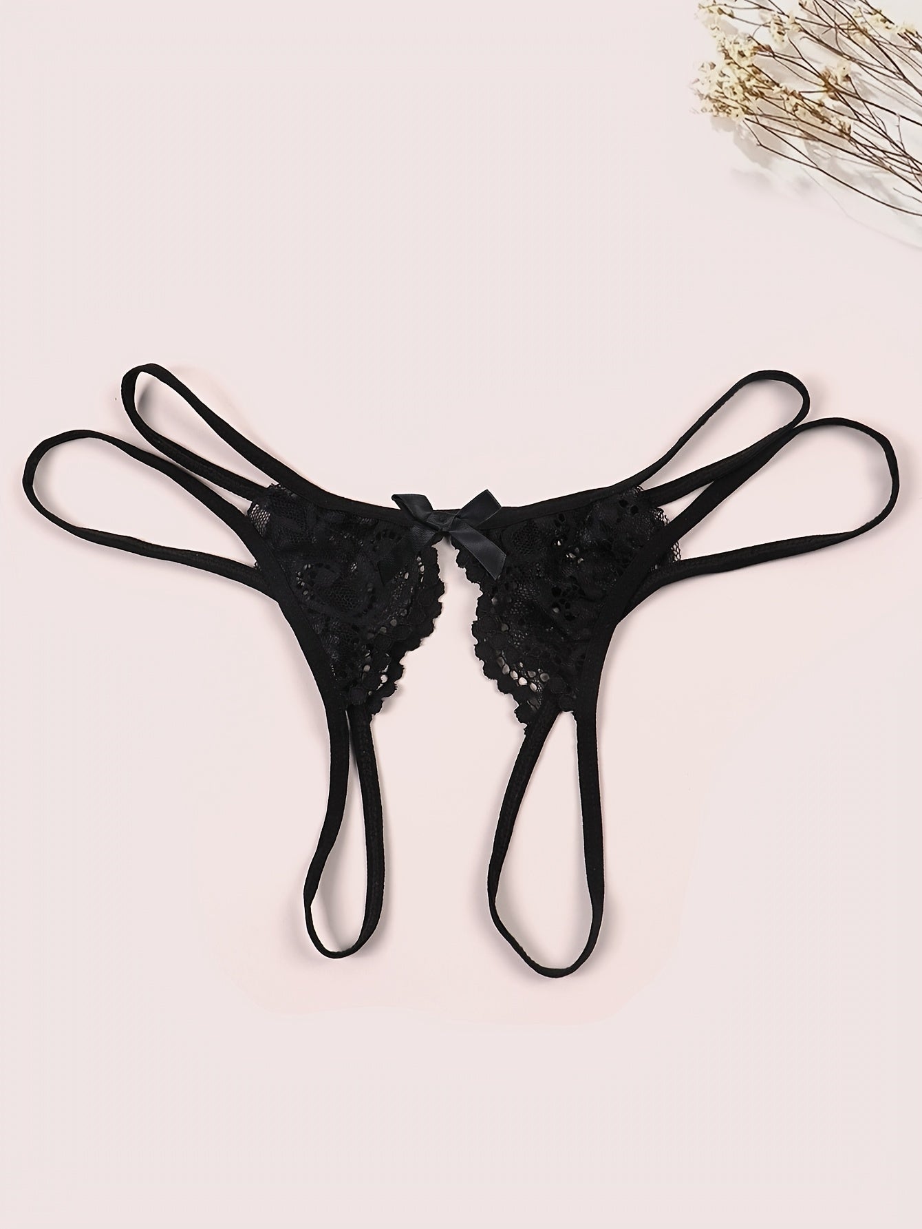 Women's Velvet Thong Lingerie with Open Legs and Bow Detail