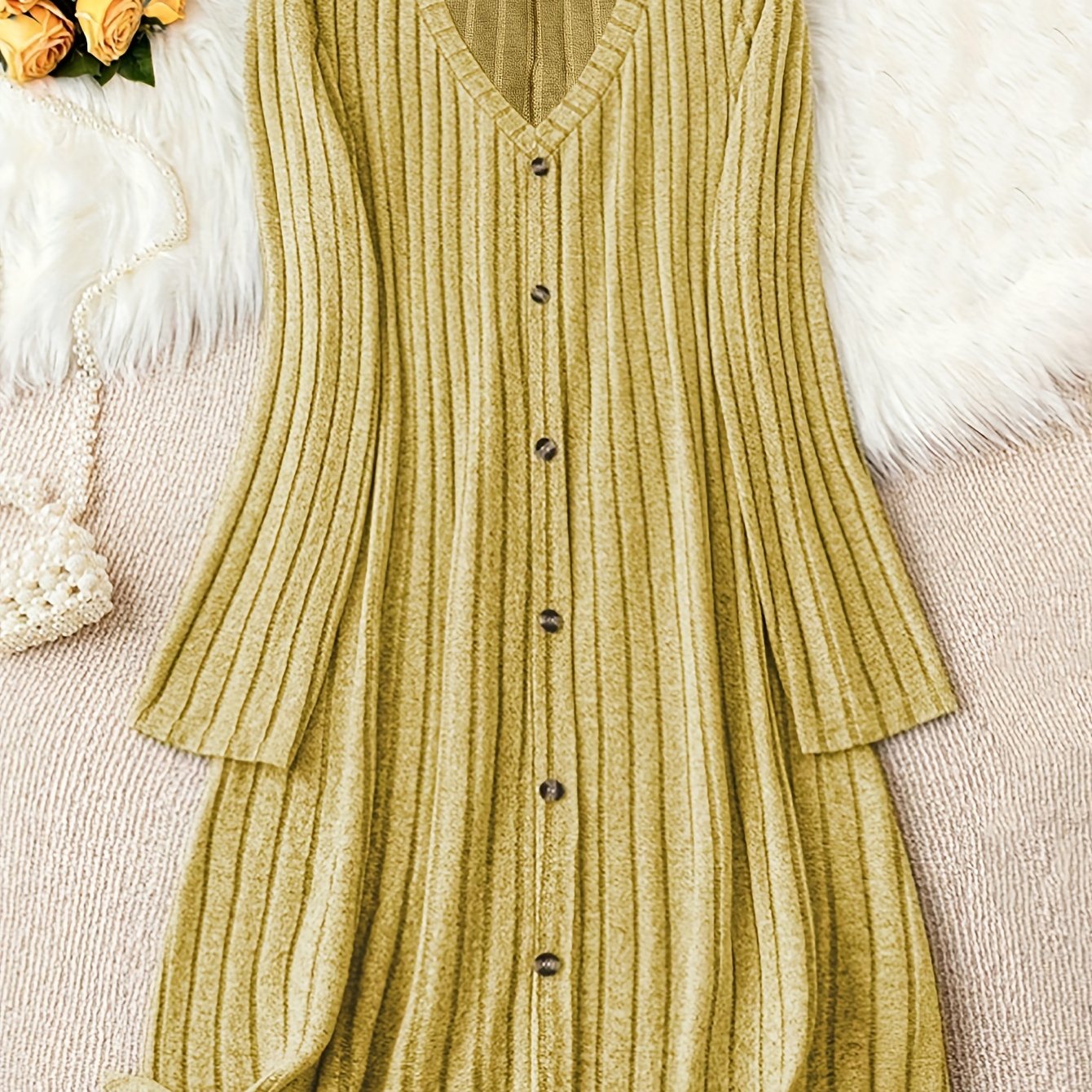 Vestido de punto de talla grande con escote en V para otoño e invierno, manga larga, con botones en la parte delantera, casual para mujer