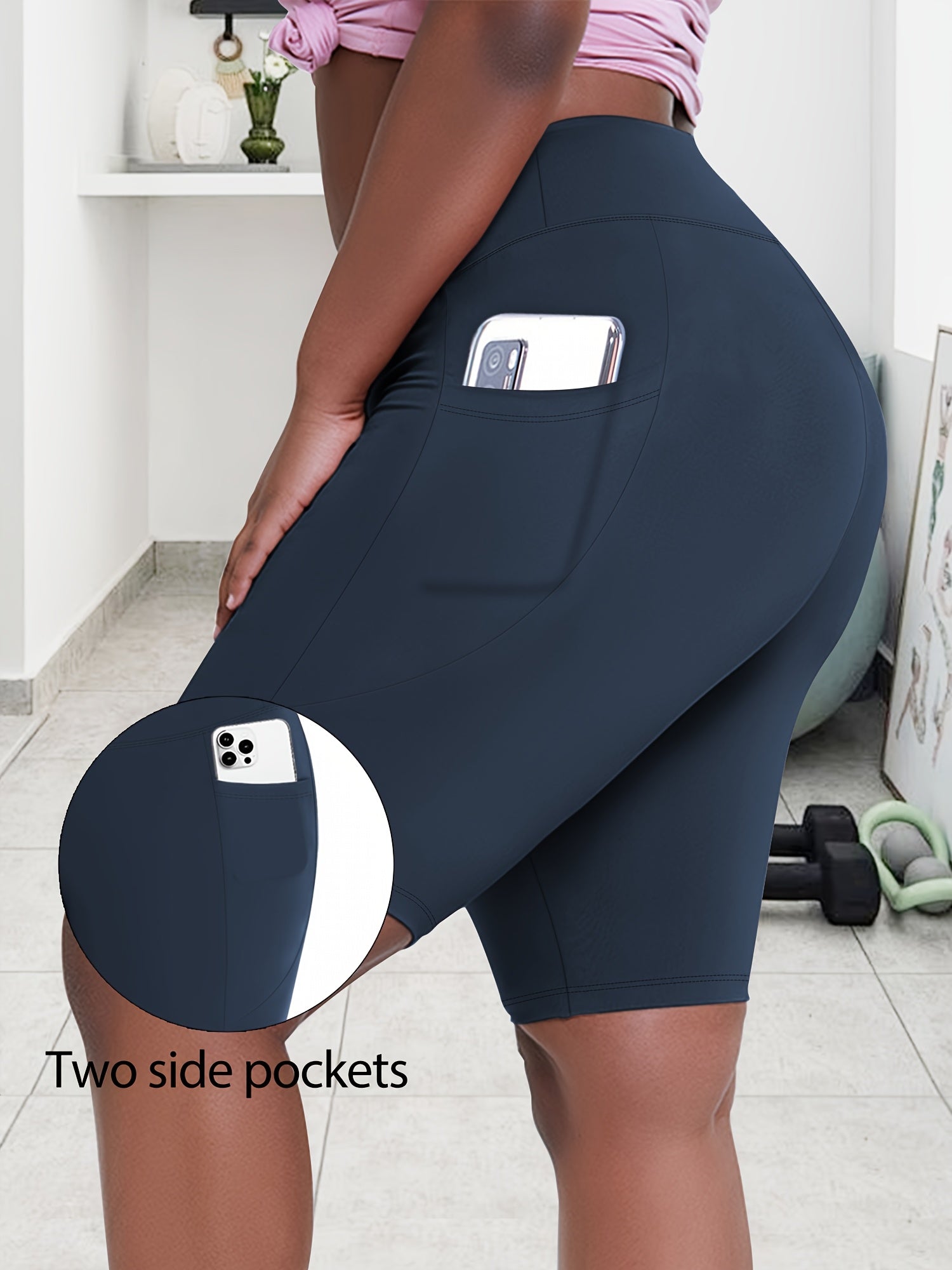 Women Plus Size Biker Shorts High Waist Crescent Moon Pockets Breathable