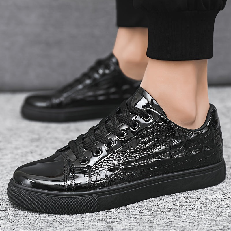 Men's Black Crocodile Pattern Casual Sneakers with Soft Sole and Lace-Up