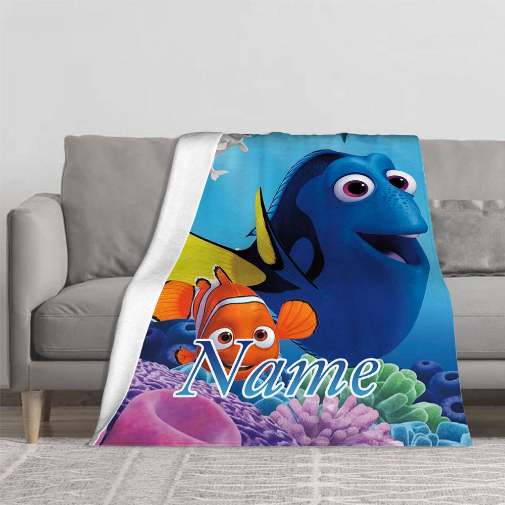 Personalized Finding Nemo Flannel Blanket Soft Cozy Throw with Dory and Marlin Custom Name for Bed Sofa Camping Car Rides Movie Nights