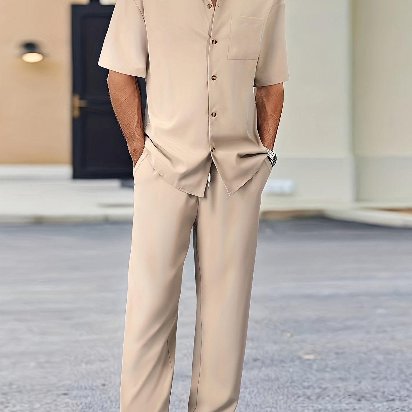 Men's Casual Suit-Inspired Set Short Sleeve Shirt and Loose Pants Polyester