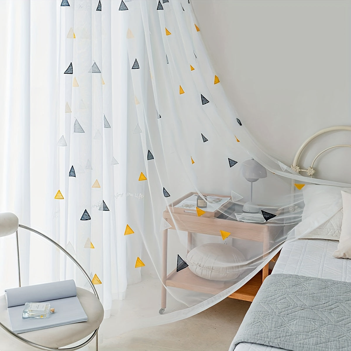 White Geometric Triangle Sheer Curtains for Girls Room Living Room Bedroom Polyester Embroidered Panel