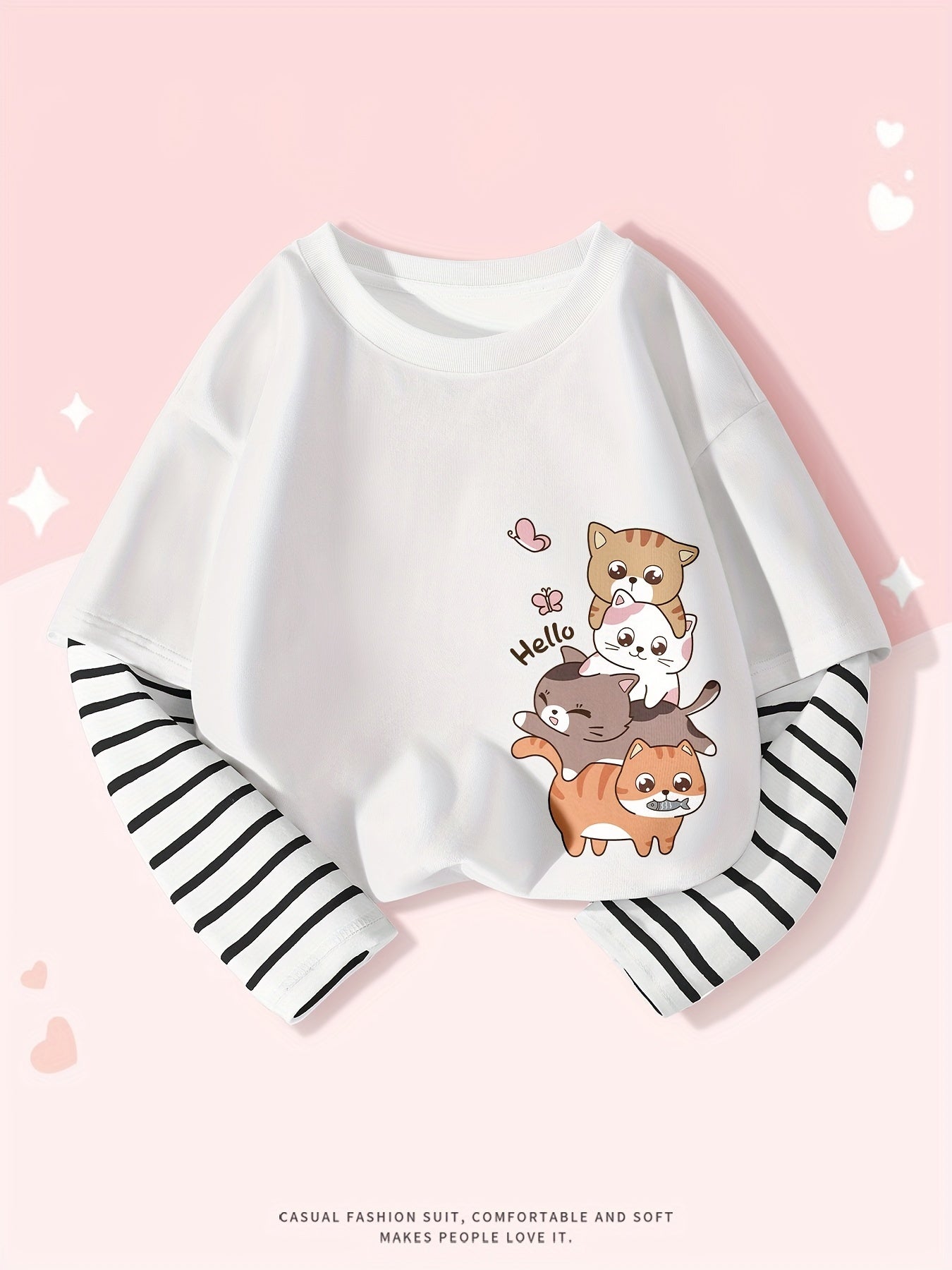 Girls Cotton Long-Sleeve T-Shirt with Cat Print and Striped Cuffs