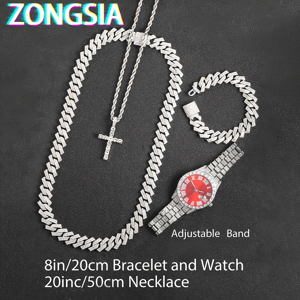 Men's Watch and Jewelry Set with Cuban Chain Necklace and Bracelet