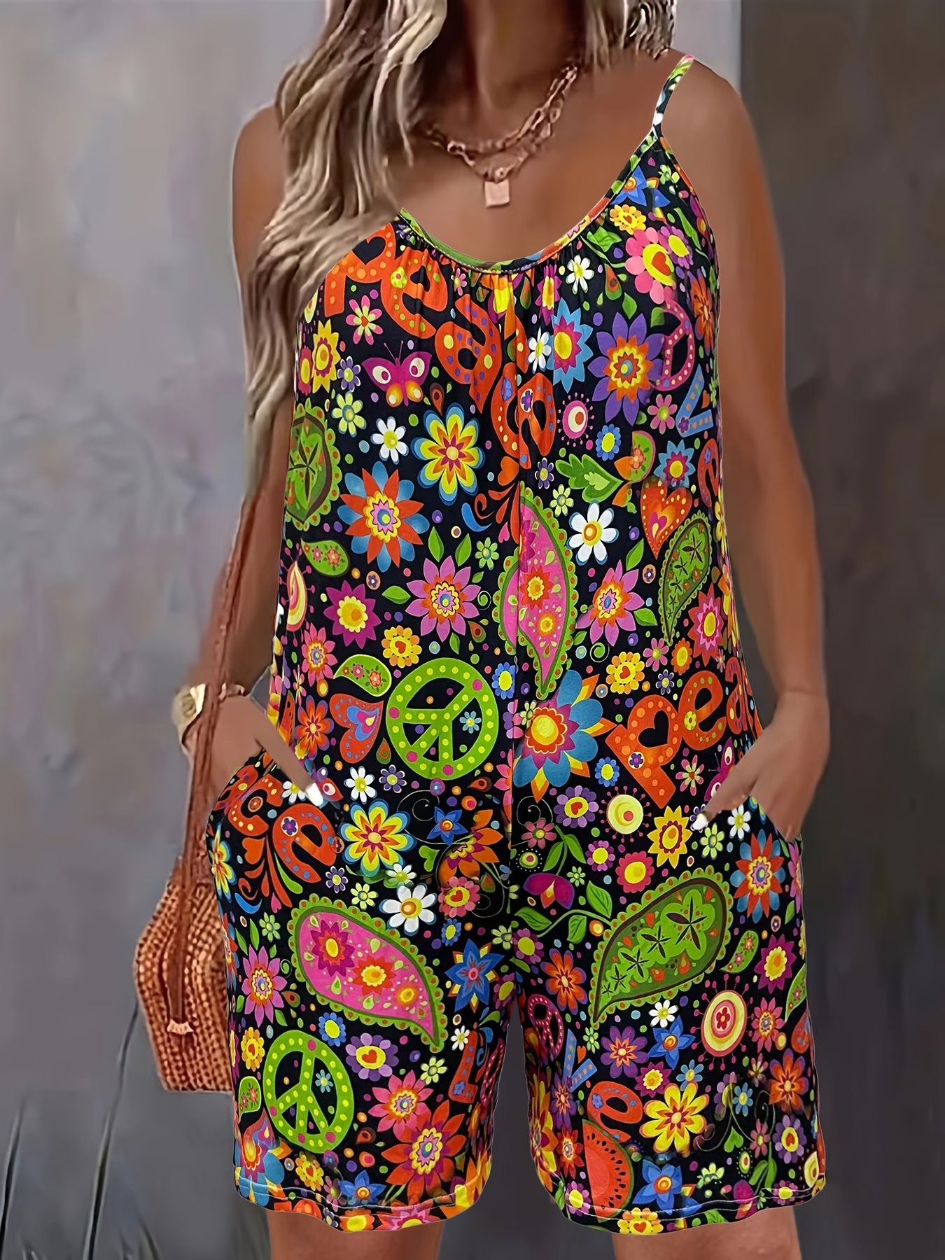 Mono sin mangas de talla grande para mujer con estampado floral y bolsillos