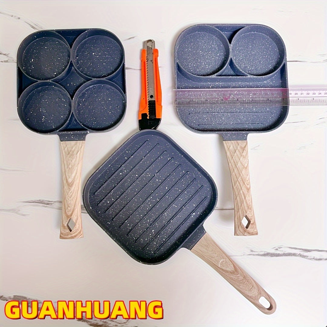 GUANHUANG Qattiqlashmaydigan tuxum va pancake qovurish panosi, yog'och tutqichli, 4-chiqimli pishirgich gaz pechiga va induksiya uchun, tuxum va kolbasa uchun ideal.