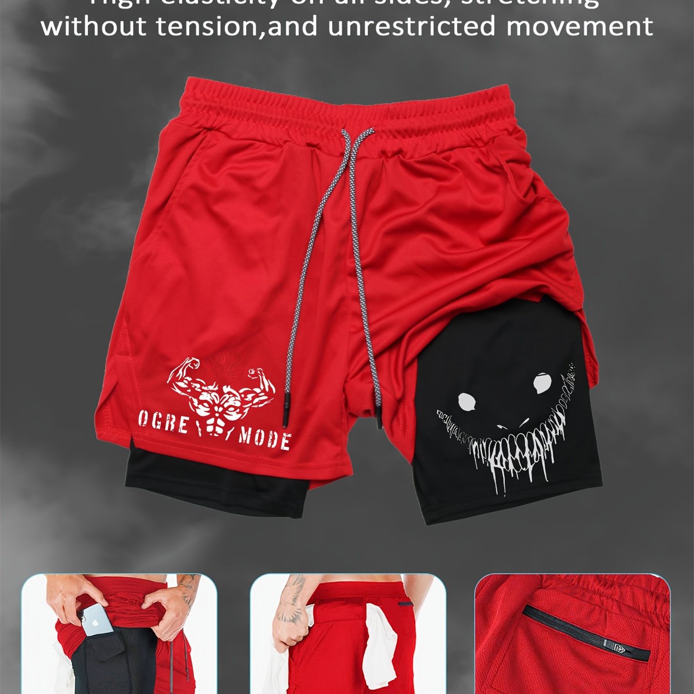 Men's Summer Print Dual-Layer Shorts Breathable Quick-Dry Pockets Casual Sports