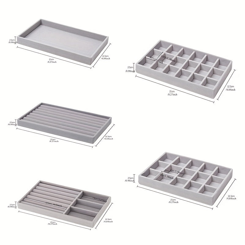 Grey Velvet Jewelry Storage Box with Drawer for Bracelets and Earrings