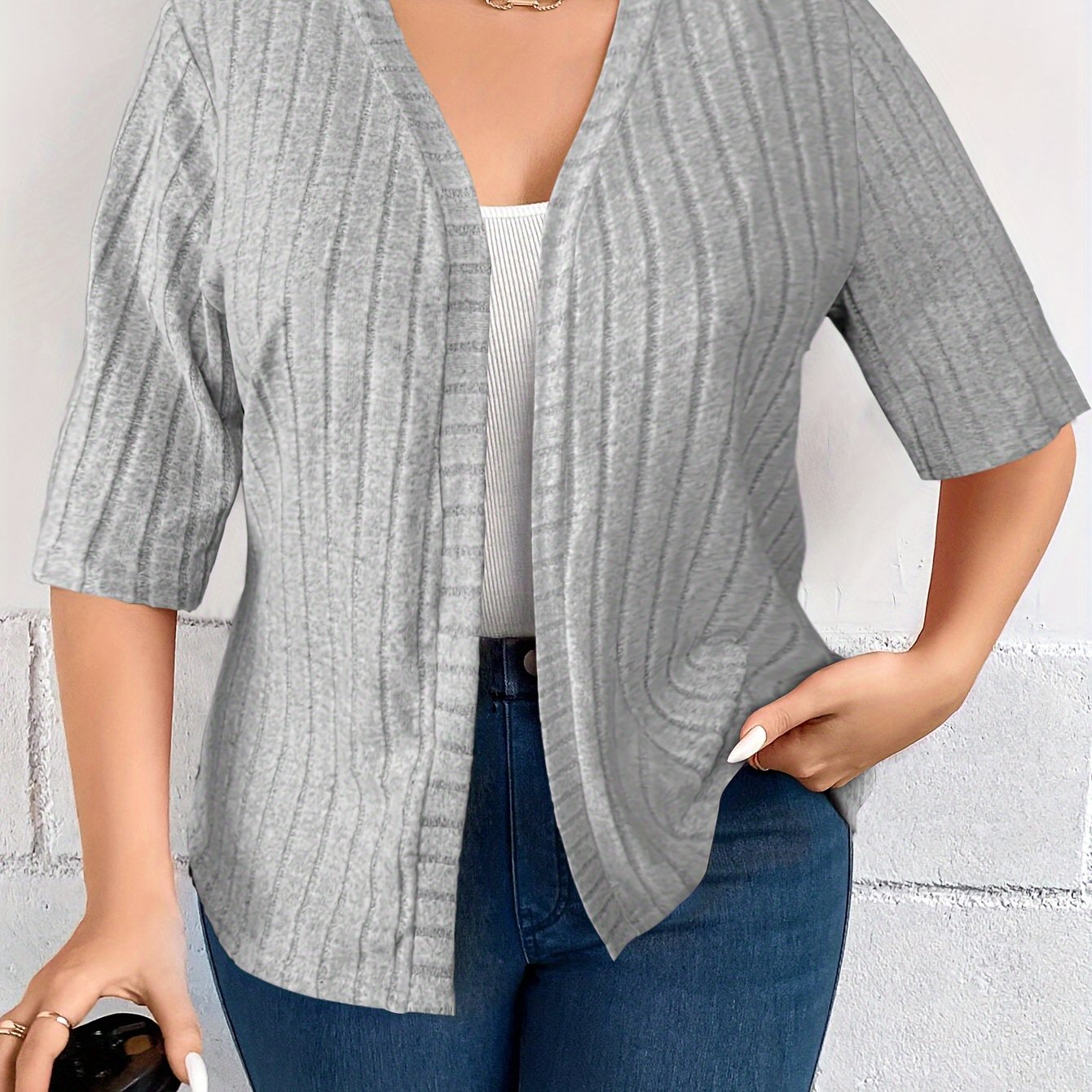 Plus Size Women's Solid Color Open Front Cardigan Fall Spring Knitwear
