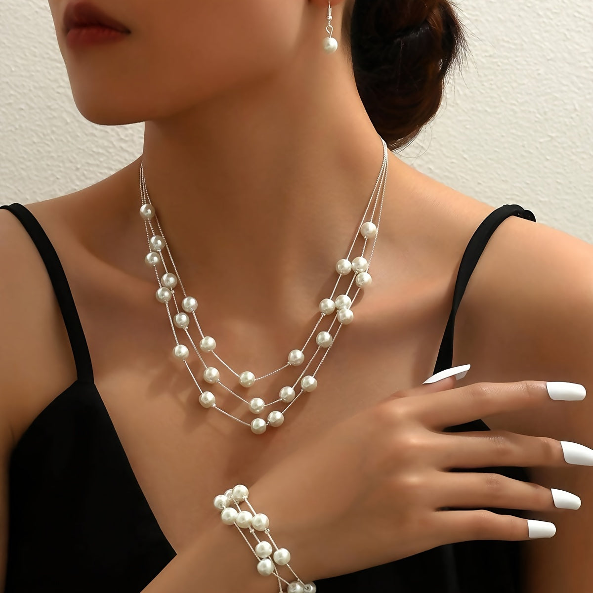 Gold and Silver Pearl-Style Jewelry Set with Necklace Bracelet and Earrings