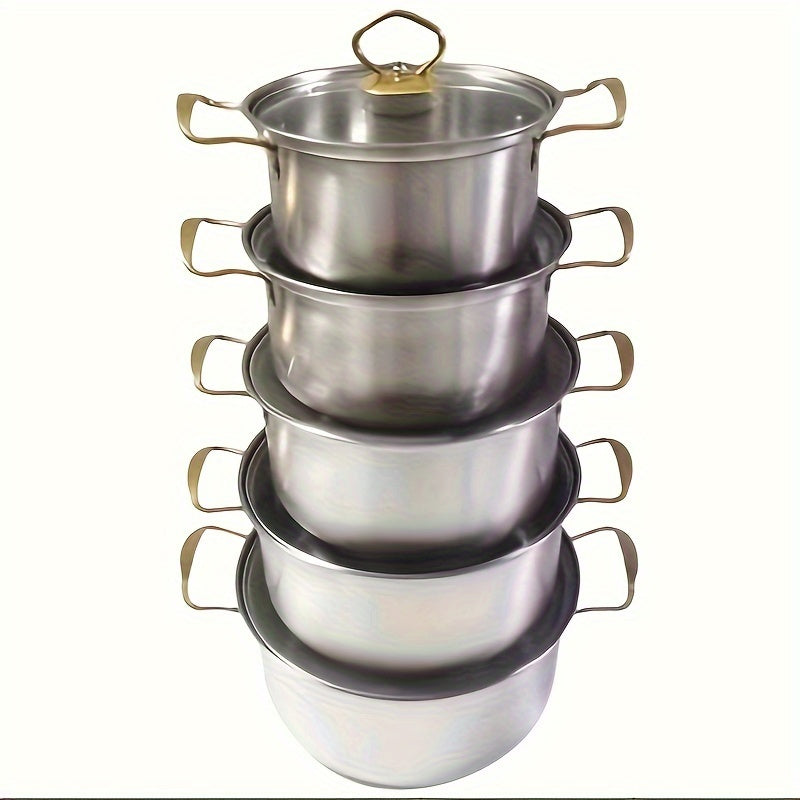 Stainless Steel Cookware Set of 10 with Glass Lids Double Handles Induction Compatible