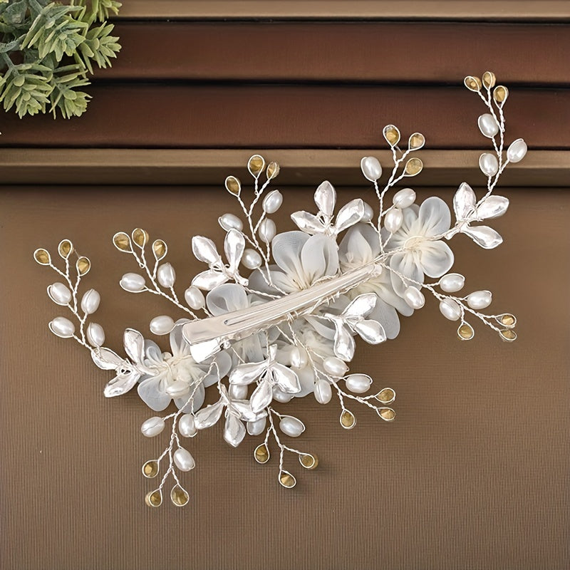 Bridal Hair Clip White Flowers Imitation Pearl Wedding Accessory Duckbill Clip