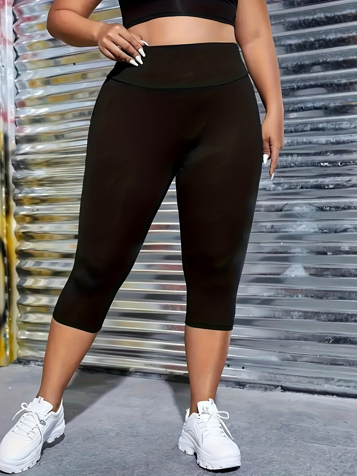 Plus Size Women’s Solid High Waist Yoga Capris Sports Leggings