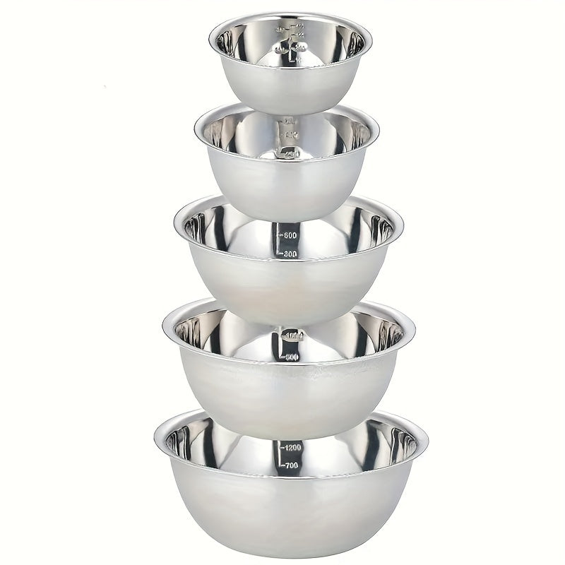 Set of 5 Stainless Steel Mixing Bowls with Non-Slip Base Kitchen Food-Grade