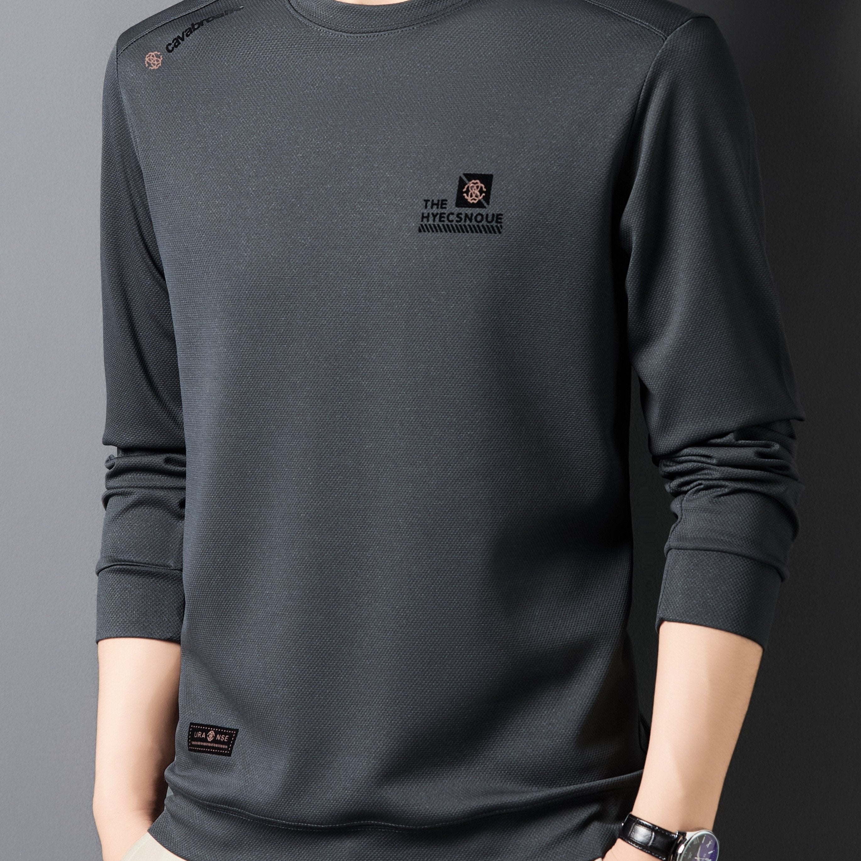 Men's Long Sleeve Crew Neck Sweatshirt with Chest Emblem Polyester Casual Autumn
