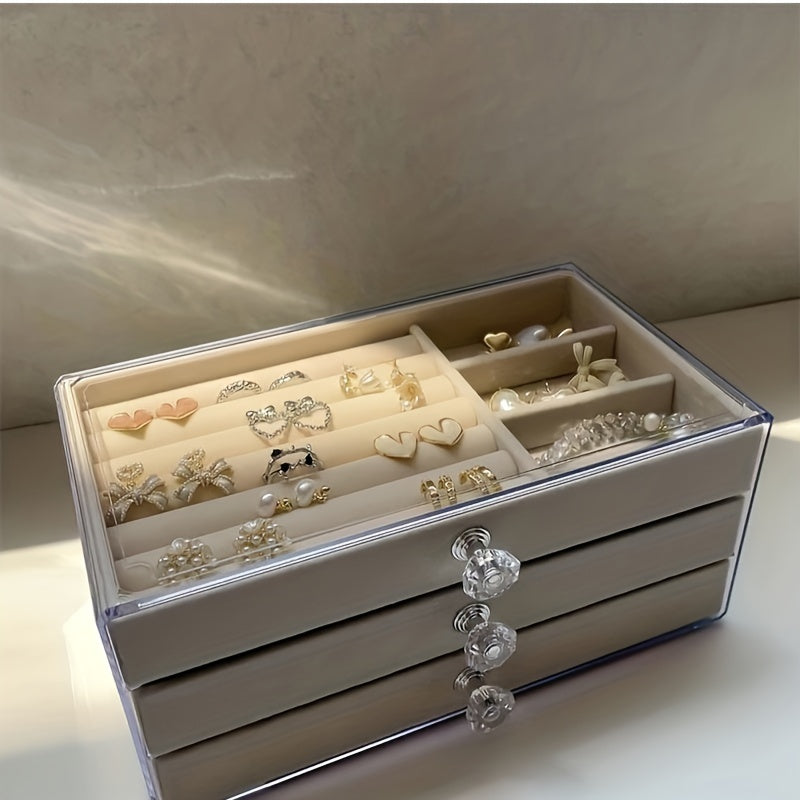 Organizador de joyas de acrílico con forro de tela para anillos, collares, pulseras, rectángulo