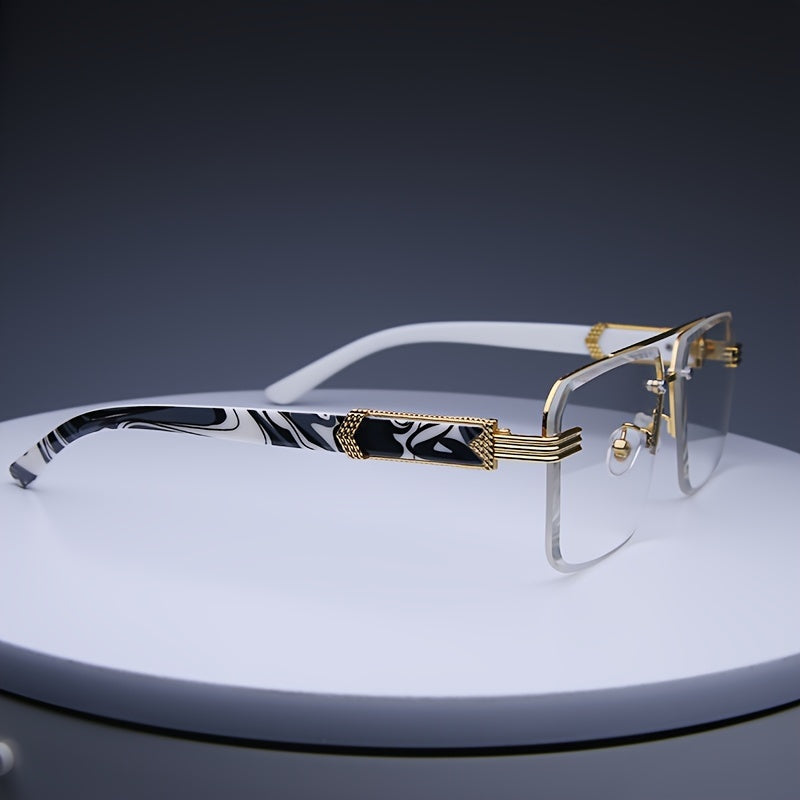 Men's Retro Fashion Glasses with Diamond Cut Edges Rectangular Rimless Marble Wood Accents