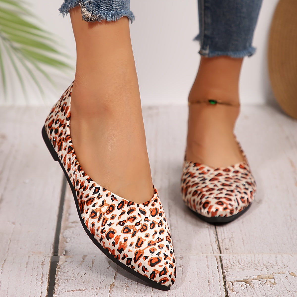 Women's Leopard Print Mary Jane Flats Pointed Toe Slip-On Shoes