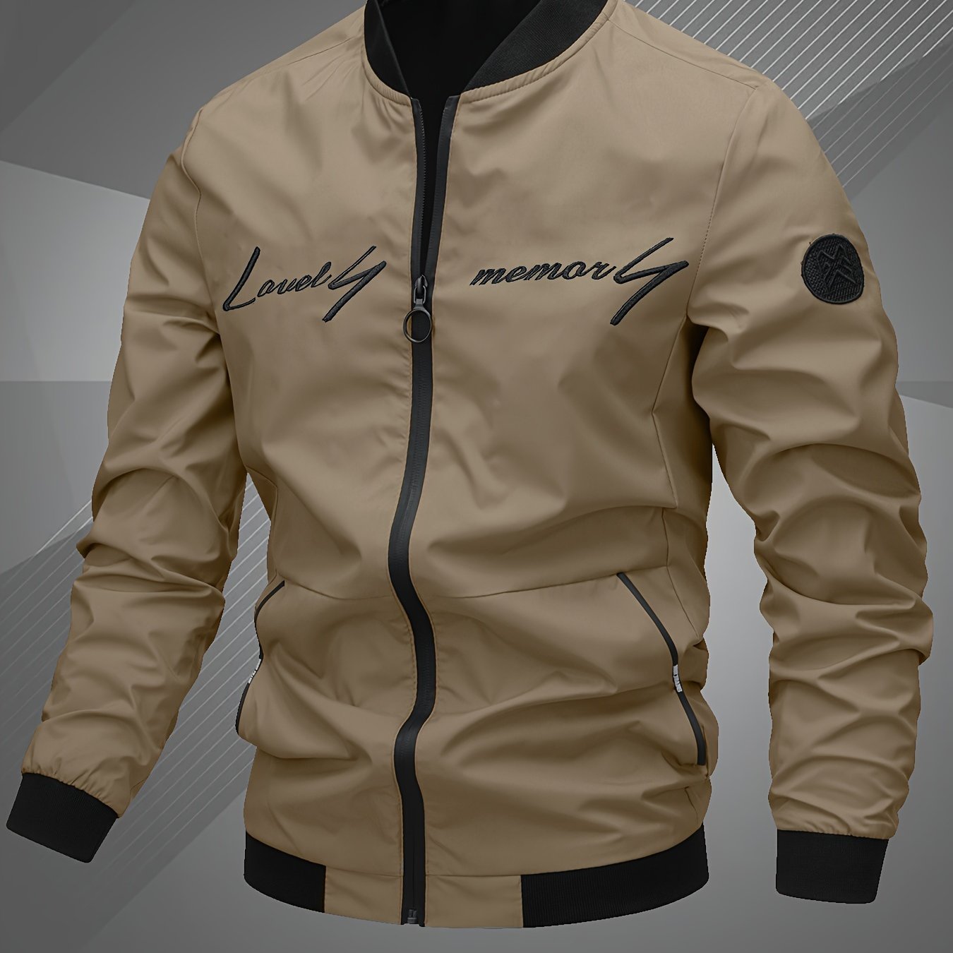 Chaqueta bomber de poliéster para hombre con letras bordadas, con cremallera, casual, deportiva