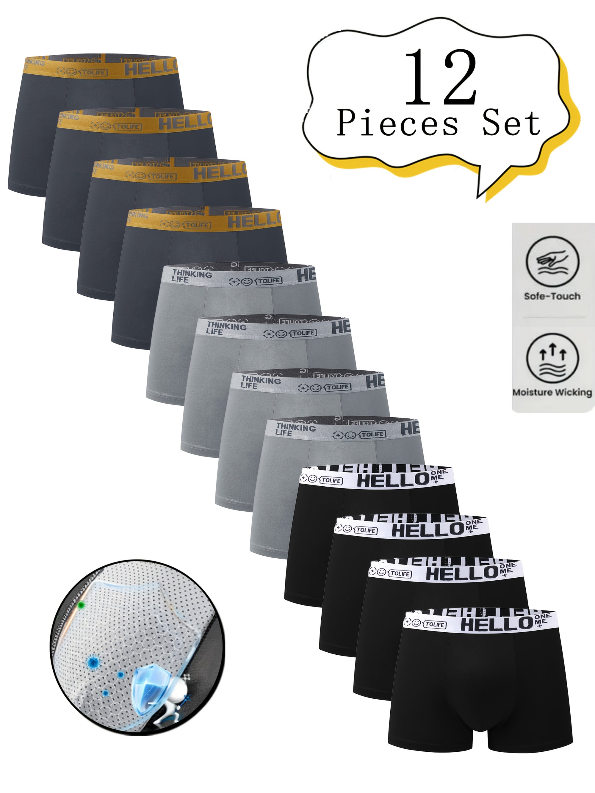 12pcs Men's Boxer Briefs Assorted Colors Breathable Mesh Lined Stretch Fabric