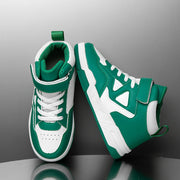 Zapatillas altas para niños con bloques de colores geométricos, cierre de velcro y parte superior de PU duradera