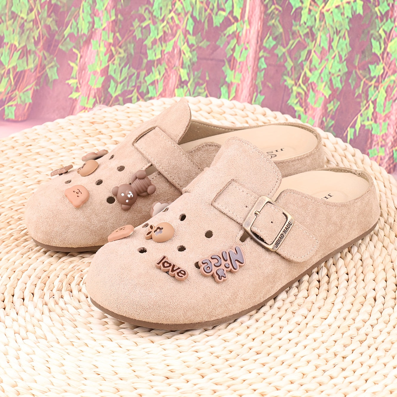 Women’s Microfiber Cartoon Letter Mule Shoes - Casual All-Season Flat Beige