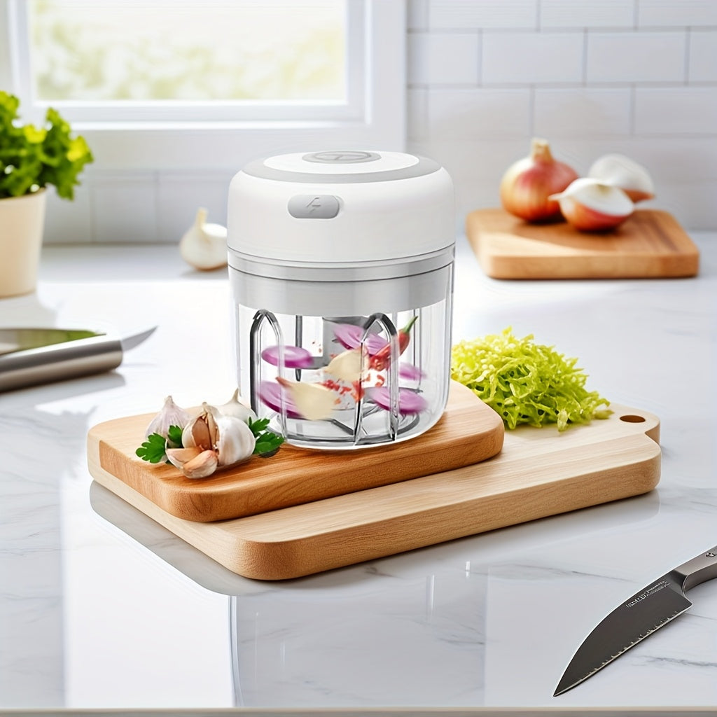 Elektr garlic masheri: Avtomatik go‘sht aralashtirish va to‘ldirish imkoniyatlariga ega ko‘p funksiyali oshxona oziq-ovqat protsessori. 8.45oz sig‘imi, USB orqali qayta zaryadlanadi, sabzavotlarni maydalash uchun 3 ta pichoq.