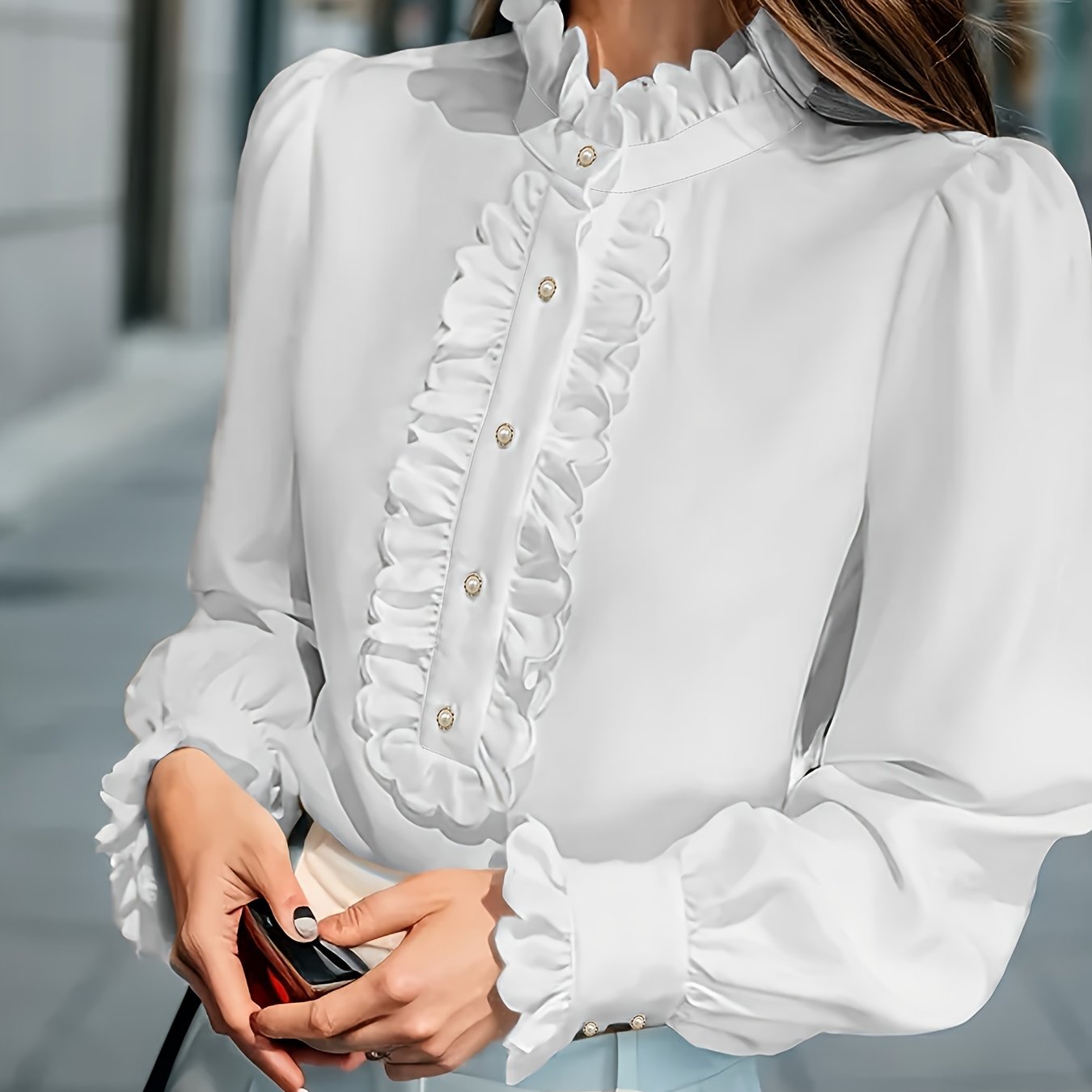 Ruffle trim mock neck bluzka, bahor va kuz uchun mukammal, katta o'lchamdagi ayollar kiyimlari