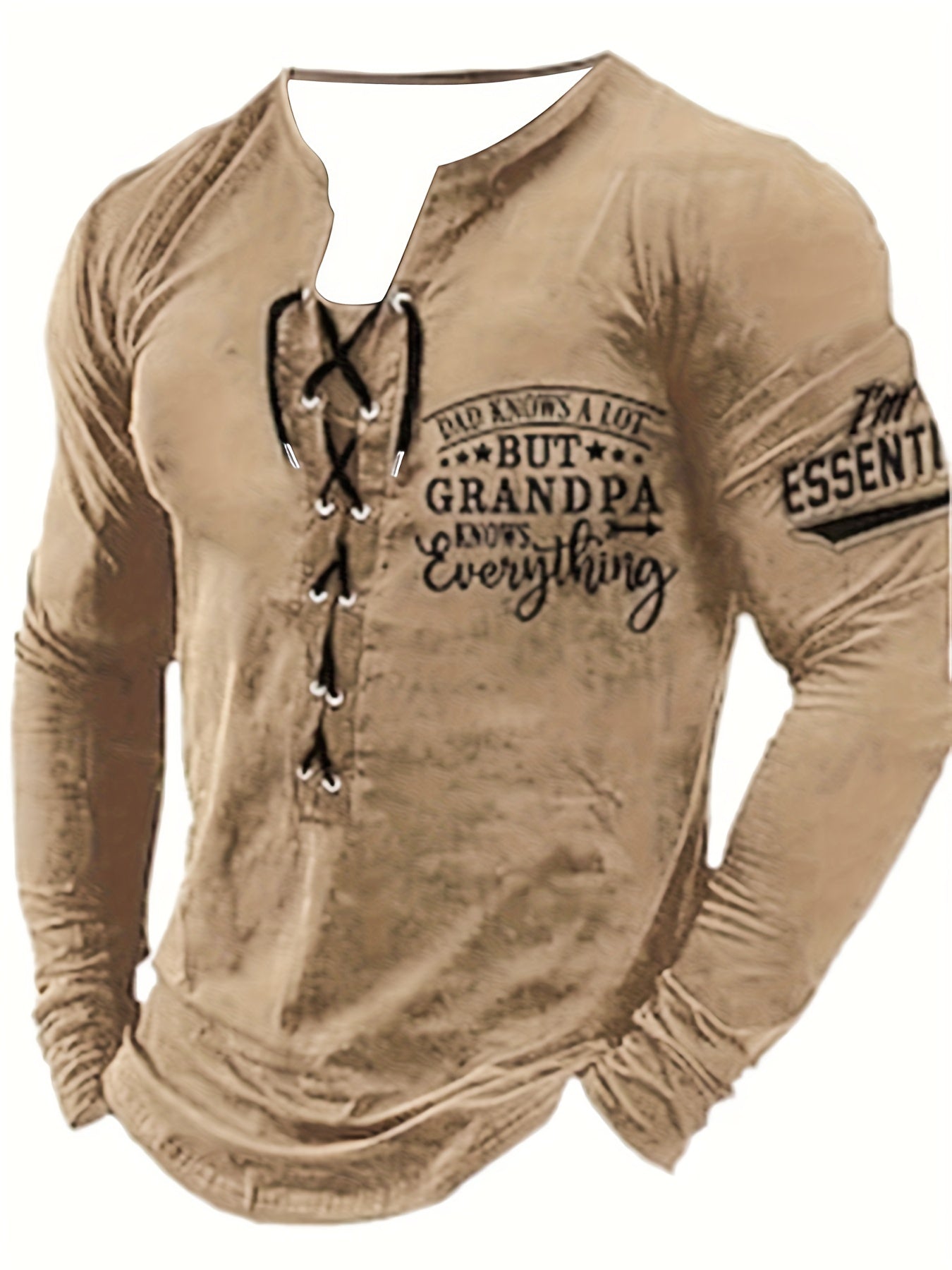Men's Long Sleeve Henley Shirt with Letter Print and Drawstring for Spring Fall