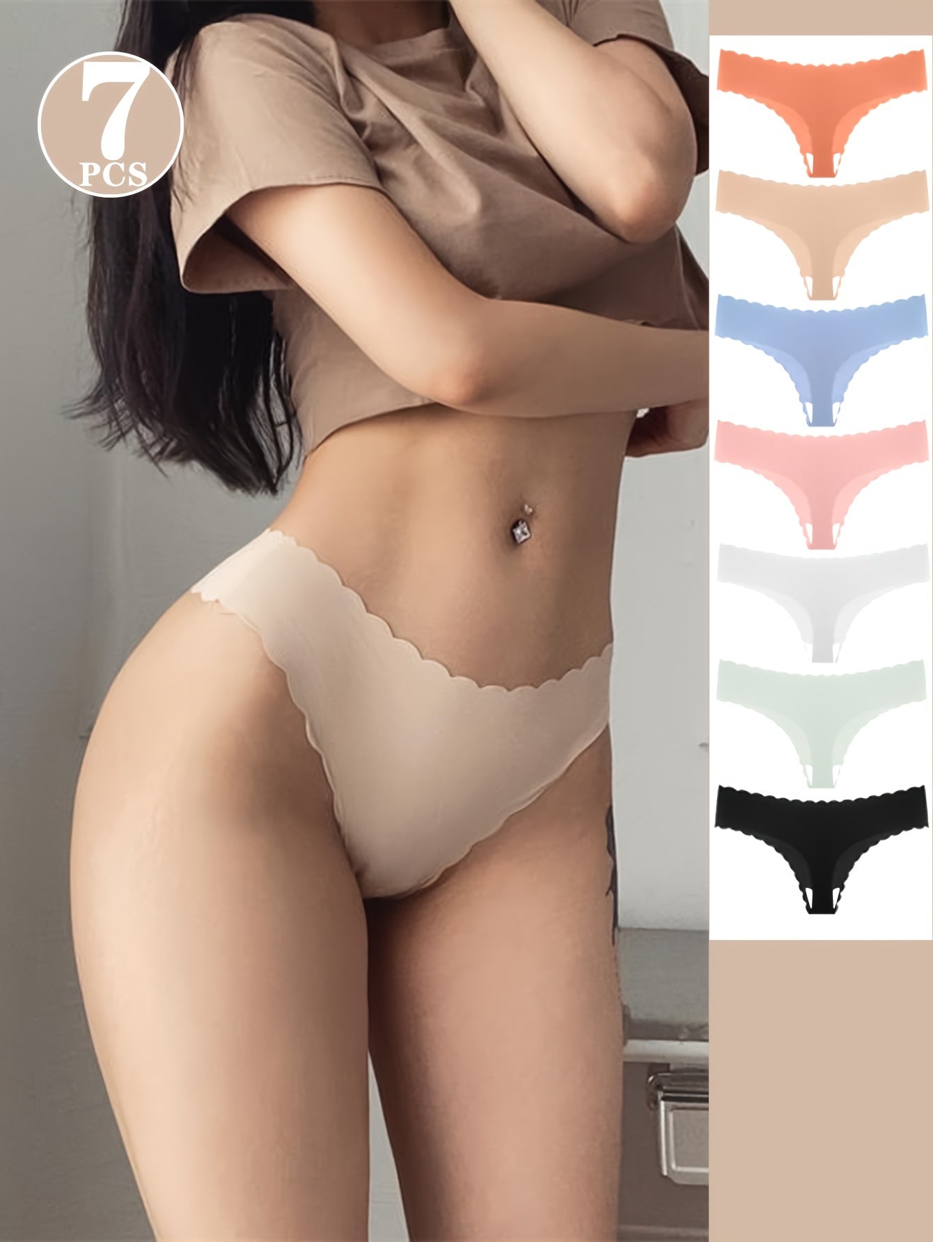 7-to'plam ayollar uchun past belli nylontan elastanli tanga, qirqilgan tafsilotlar va tez quriydigan mato bilan