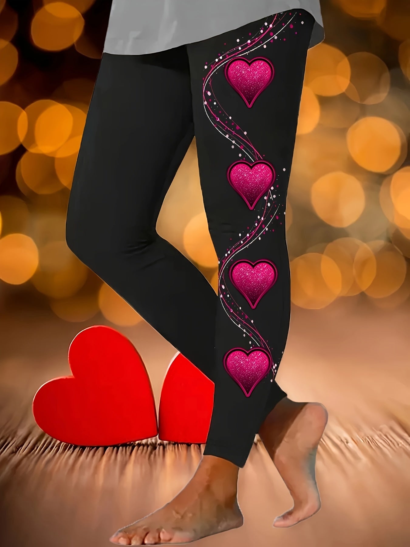 Leggings de mujer de talla grande con estampado de corazones, purpurina morada, elástica para primavera y otoño