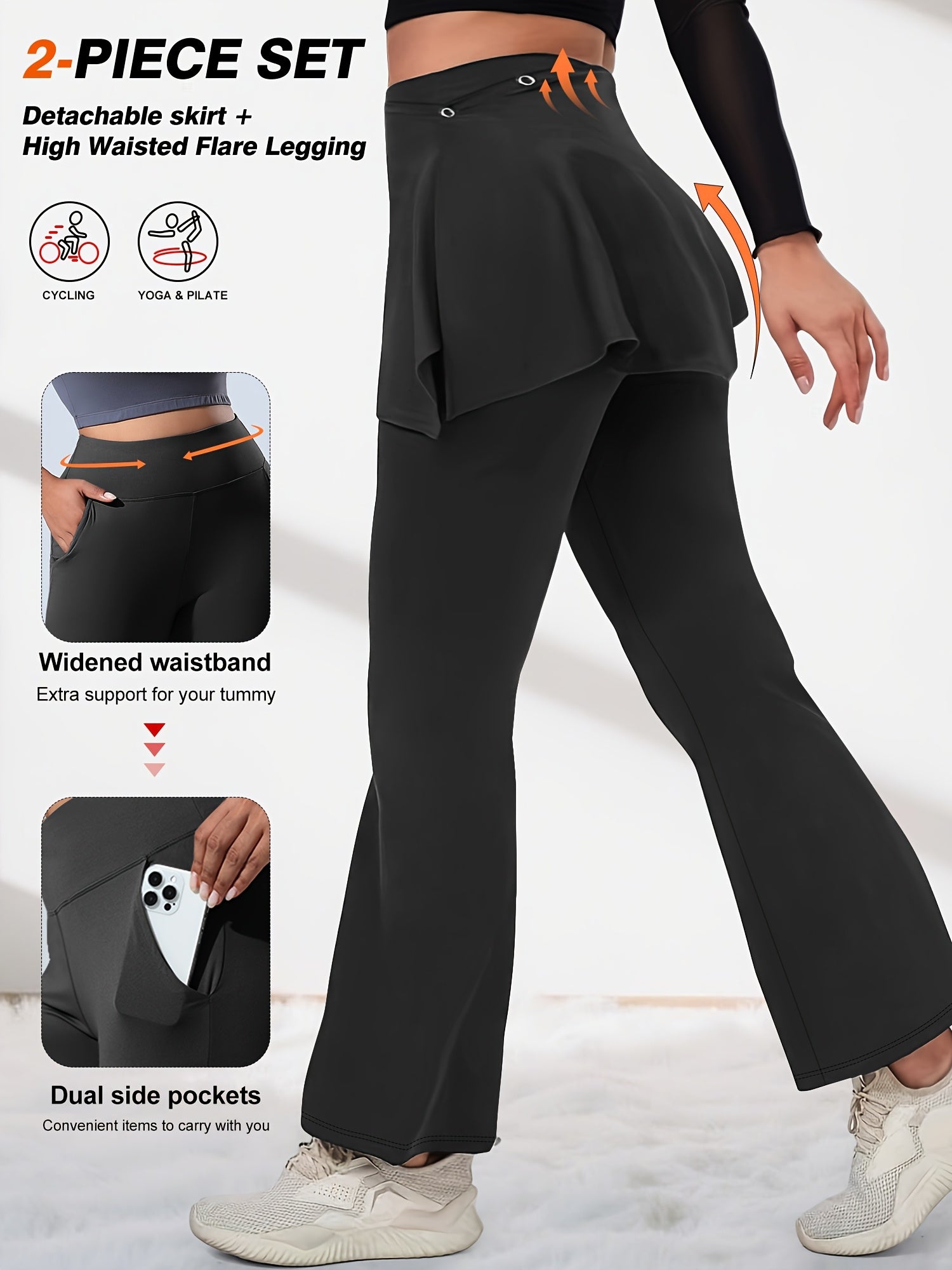 Conjunto de 2 piezas para mujer: pantalones acampanados y falda irregular para primavera, deportes y yoga